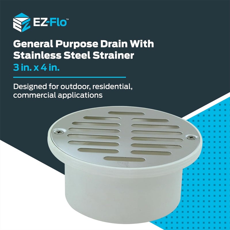 EZFLO 3 Inch x 4 Inch PVC General Purpose Drain with Stainless Steel Strainer, 15322 - Image 2